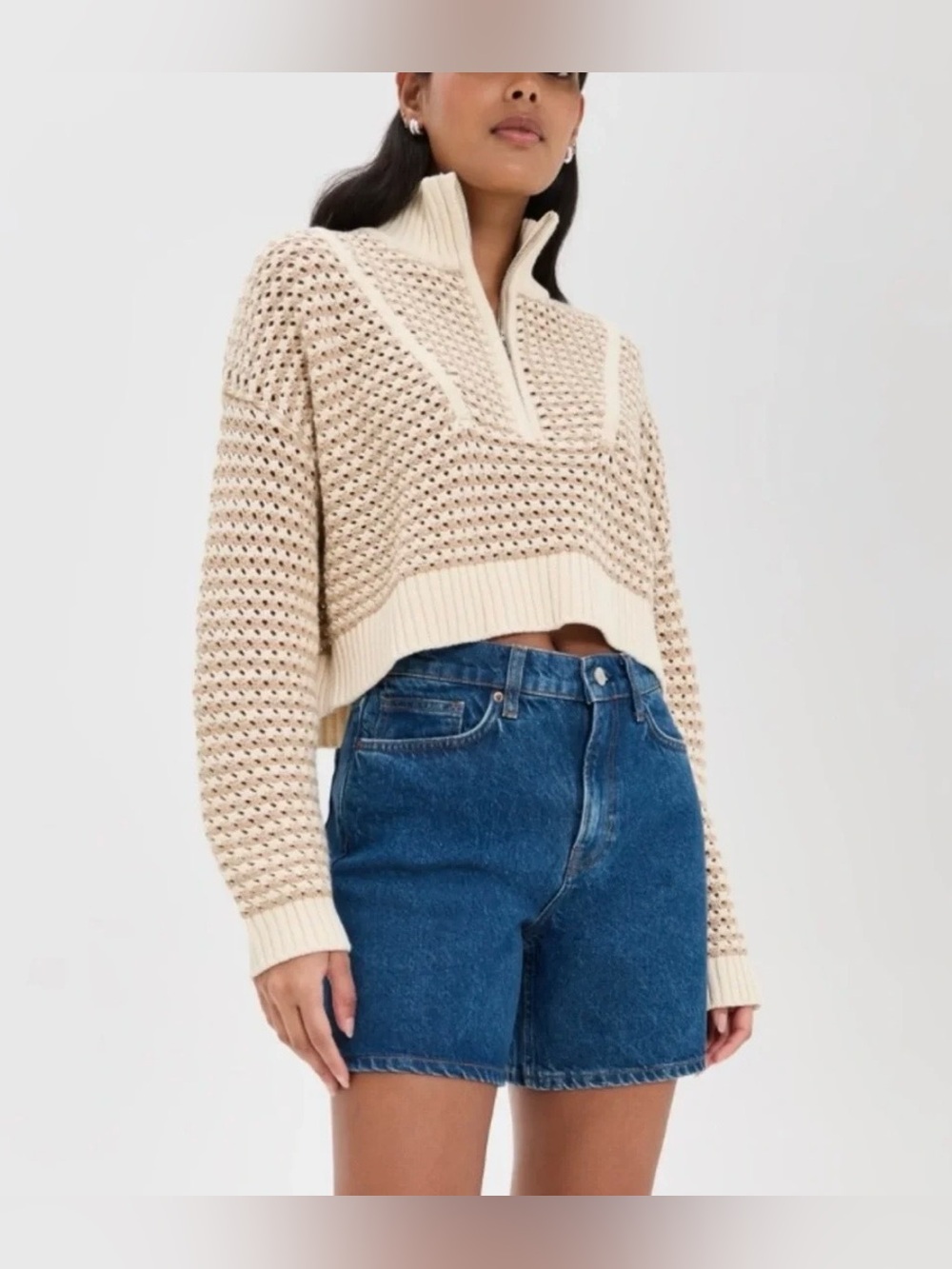 STAUD Cropped Hampton Sweater in Breeze Crème Size Medium (NWT) Retail $295